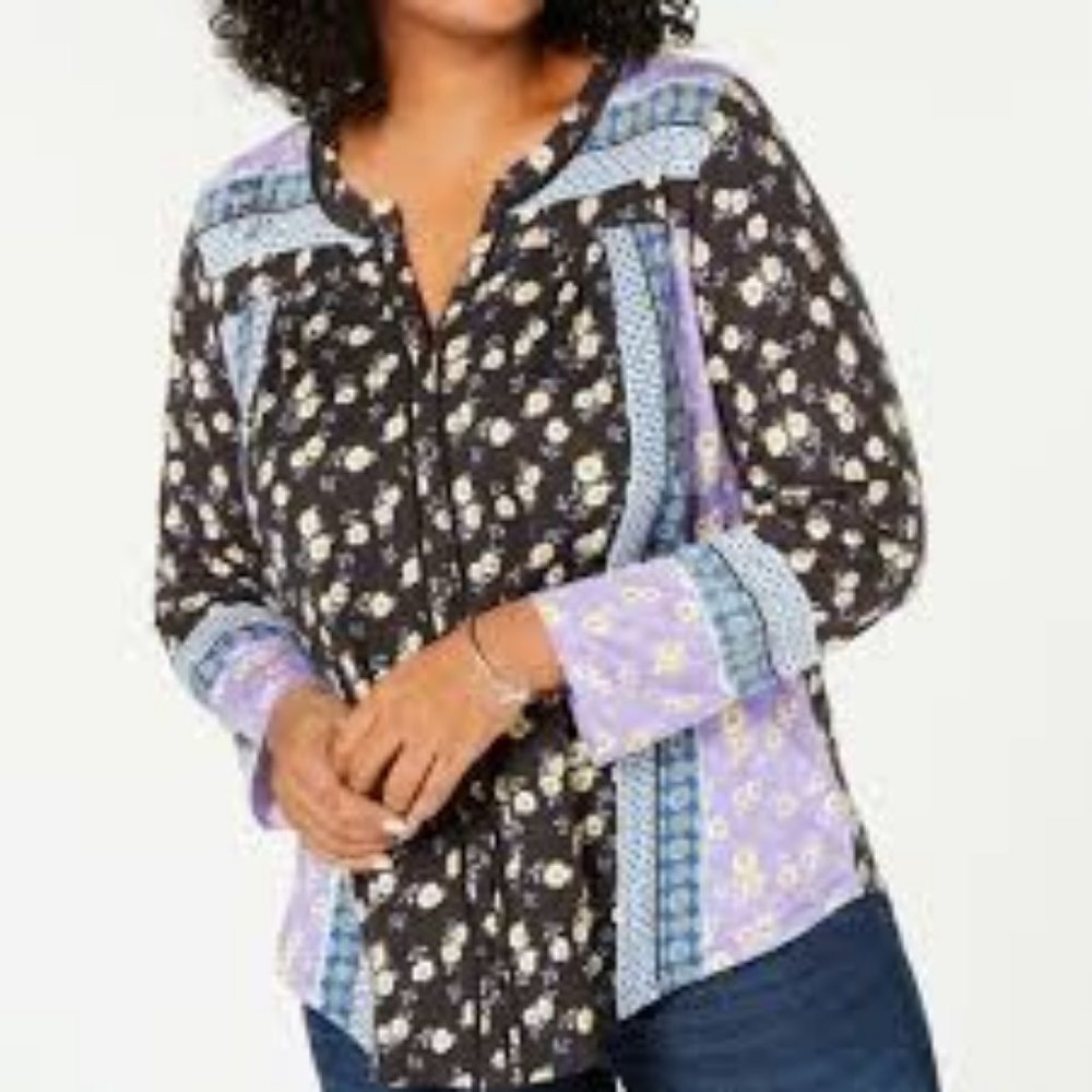 Style & Co Mixed Floral Print Ladder Button Top